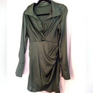 Green satin long sleeve dress